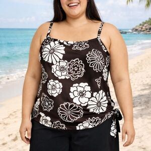 Merona Dark Chocolate Brown Floral Tankini Top Side Tie Like New 20W